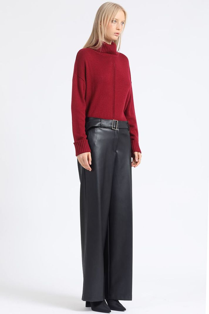 Pantalon Ancho, Con Cinturon, Efecto Cuero, Negro Liola-6