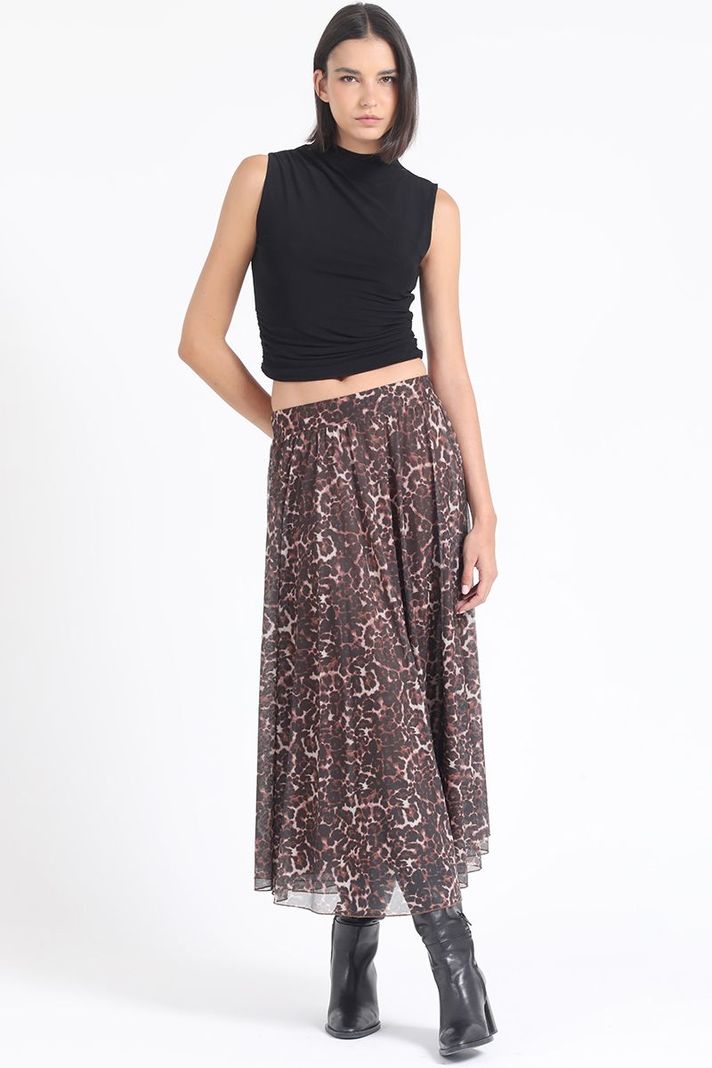 Falda Larga Malla Estampada Leopardo, Negro Liola-0