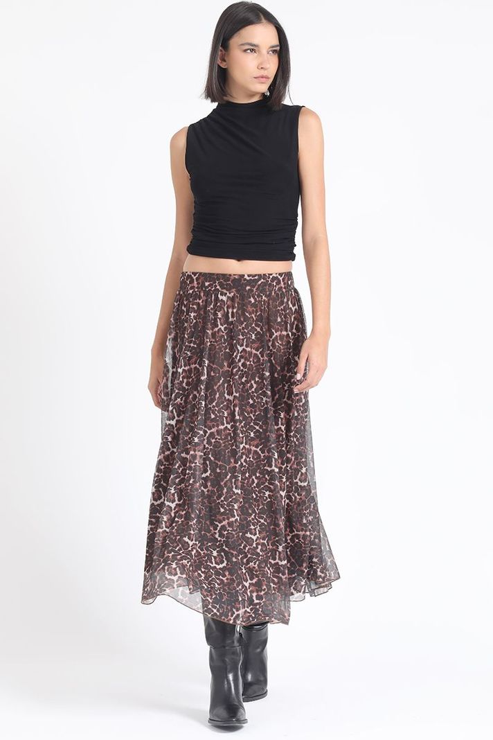 Falda Larga Malla Estampada Leopardo, Negro Liola-1