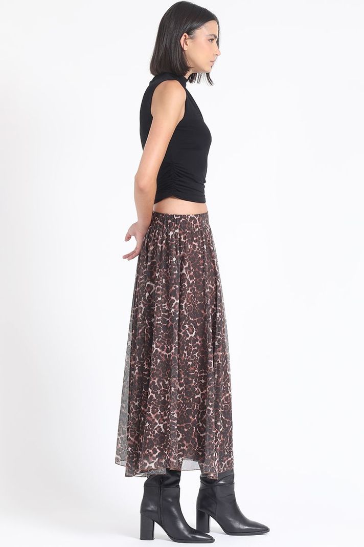 Falda Larga Malla Estampada Leopardo, Negro Liola-2