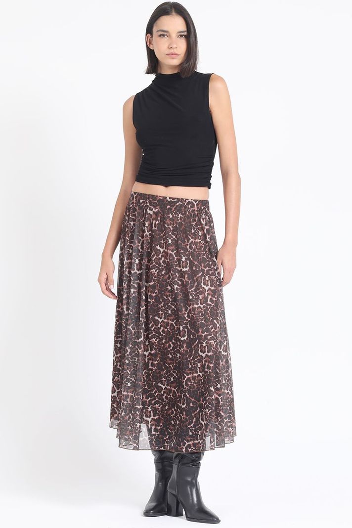 Falda Larga Malla Estampada Leopardo, Negro Liola-4