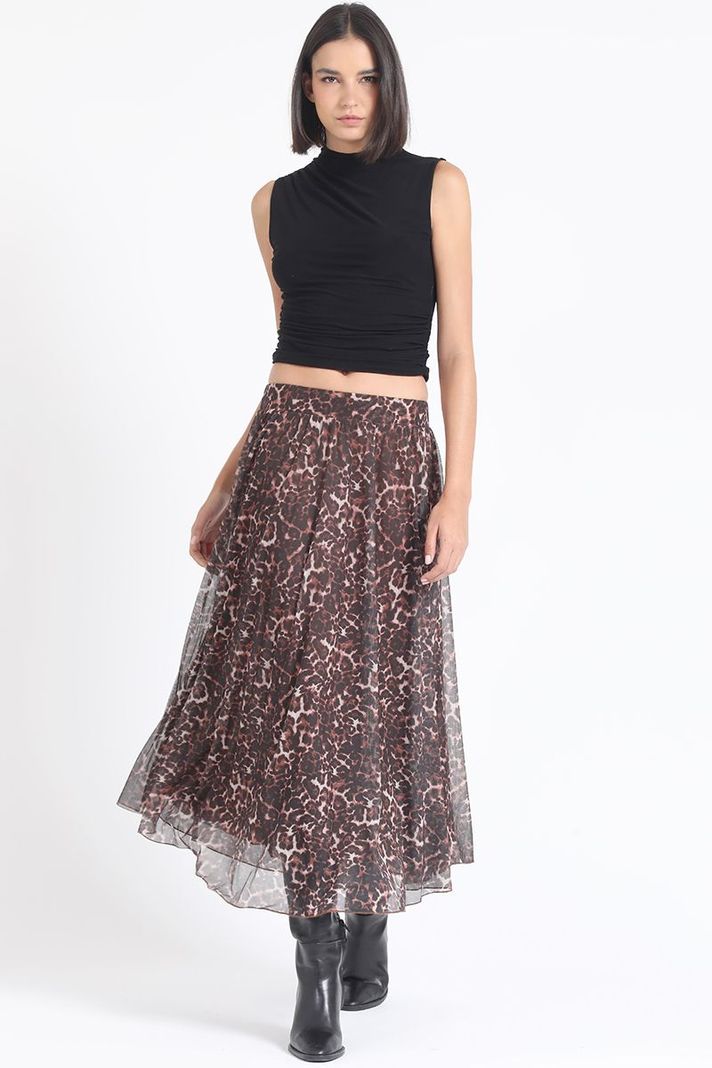Falda Larga Malla Estampada Leopardo, Negro Liola-5