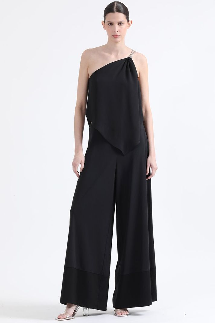 Pantalon Palazzo, Tiro Alto,  Aplicación Satin, Negro Liola-0
