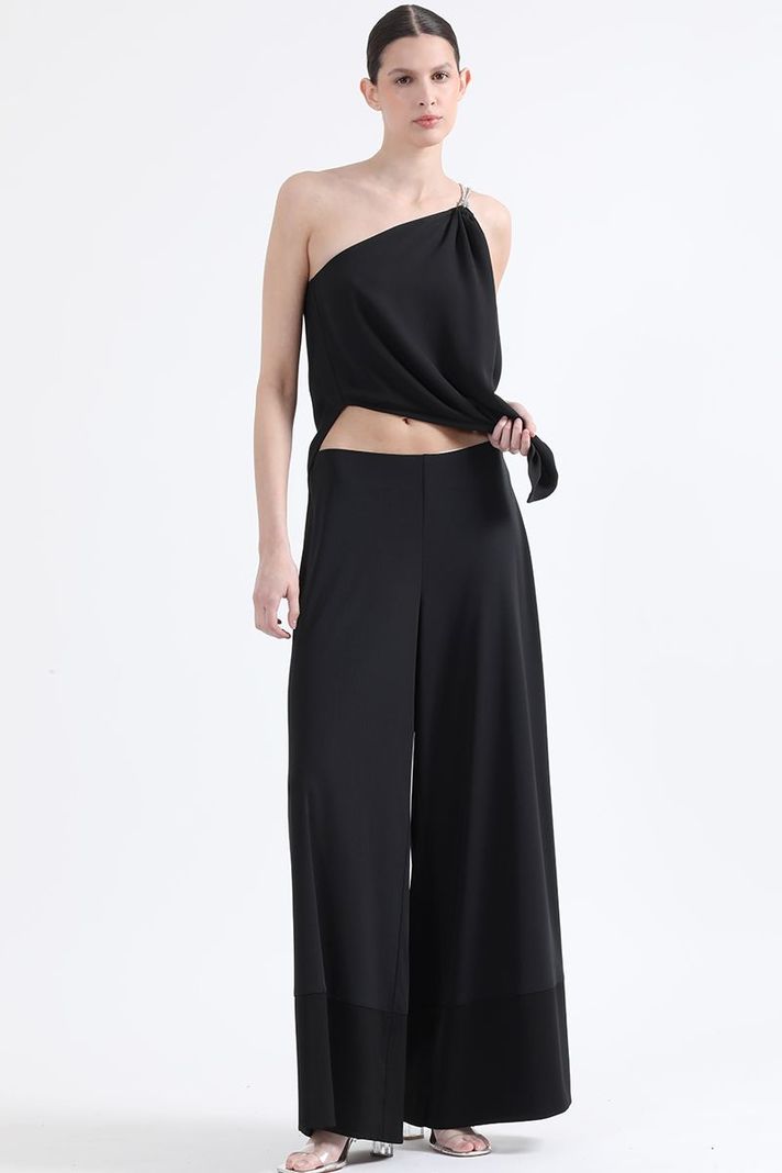 Pantalon Palazzo, Tiro Alto,  Aplicación Satin, Negro Liola-1