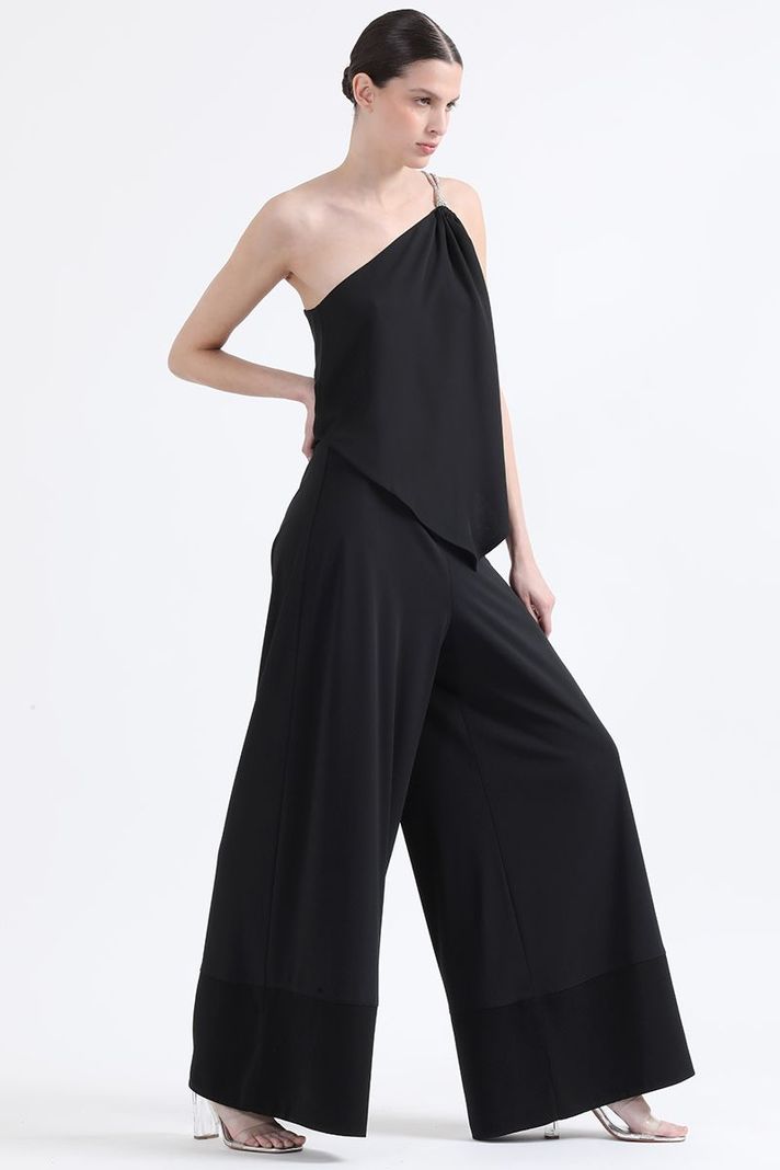 Pantalon Palazzo, Tiro Alto,  Aplicación Satin, Negro Liola-2