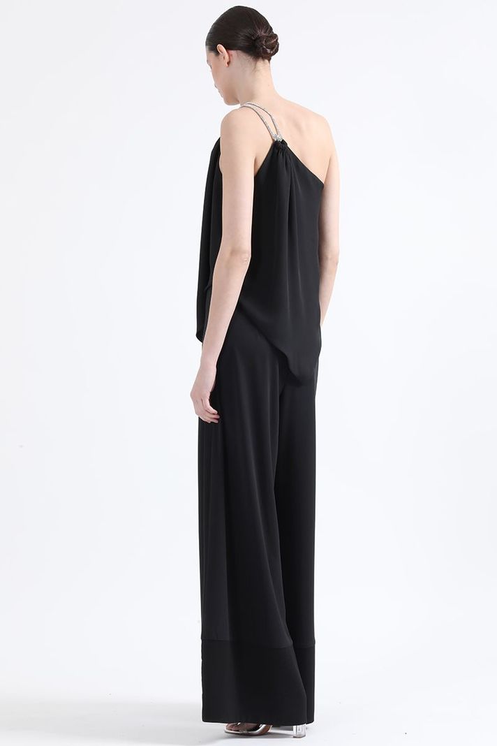 Pantalon Palazzo, Tiro Alto,  Aplicación Satin, Negro Liola-5