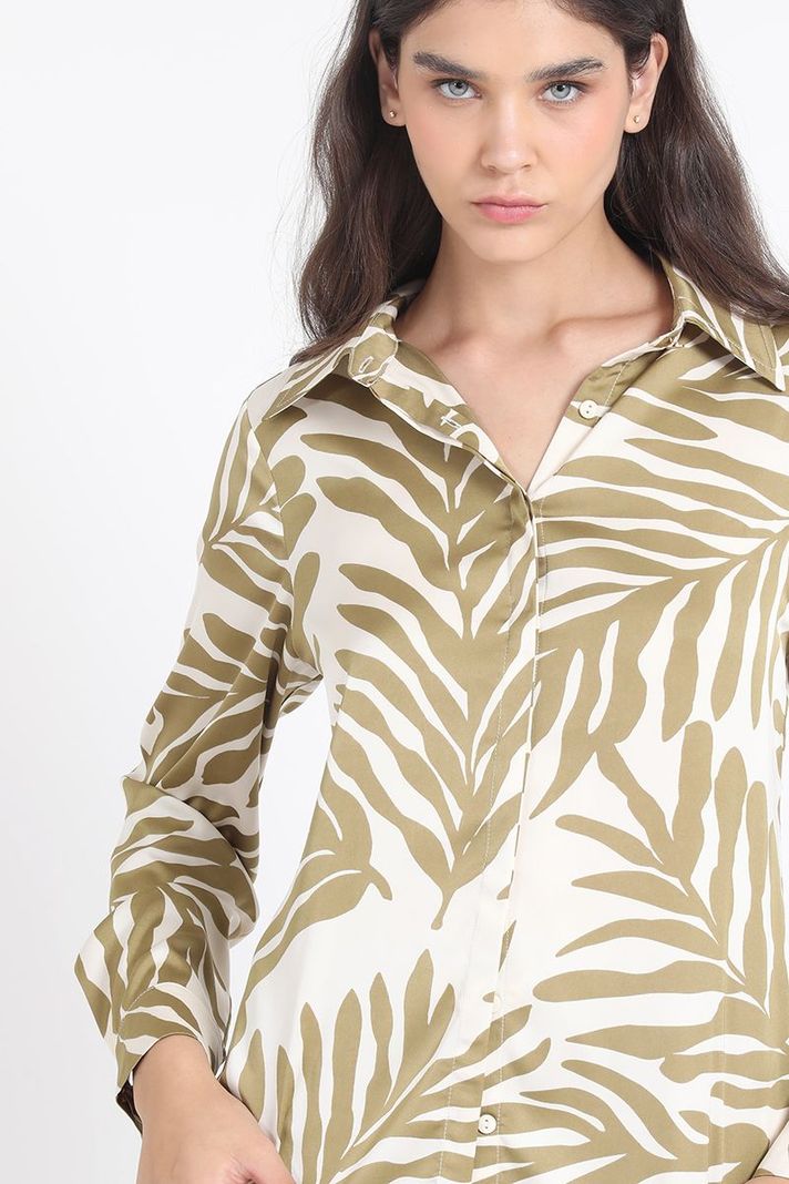 Camisa Satin Estampado Bicolor Hojas, Verde Liola-0