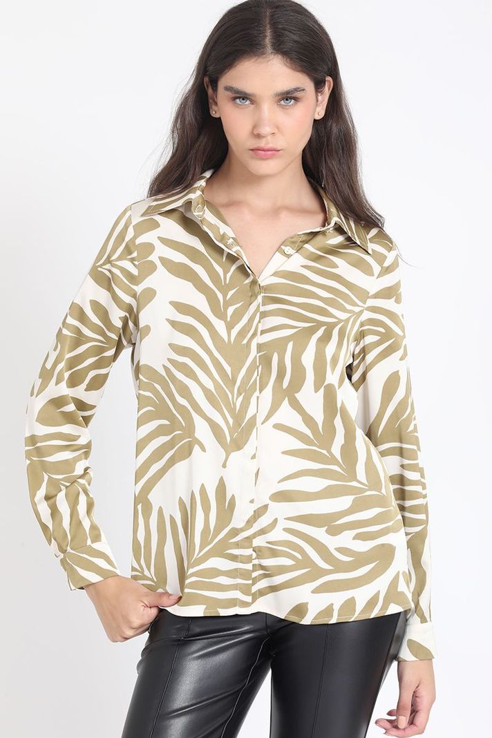 Camisa Satin Estampado Bicolor Hojas, Verde Liola-3