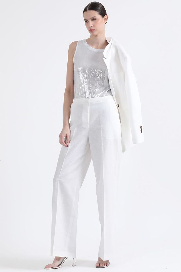 Pantalon Recto, Tiro Alto, Lino Algodón, Crudo Liola-0