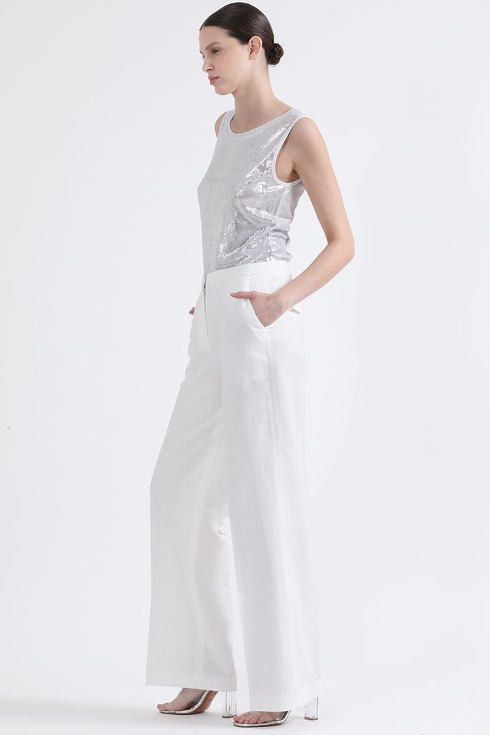 Pantalon Recto, Tiro Alto, Lino Algodón, Crudo Liola-1