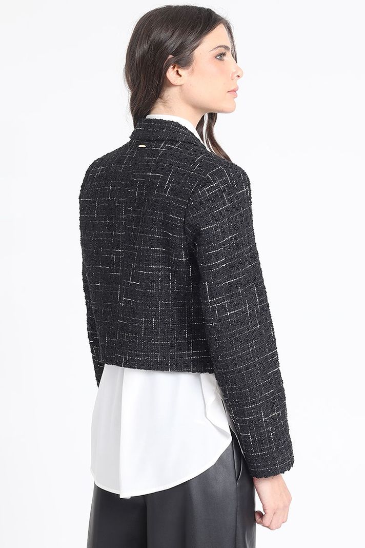Blazer Crop En Tweed Fantasia Con Aplicación Cuero, Negro Liola-4