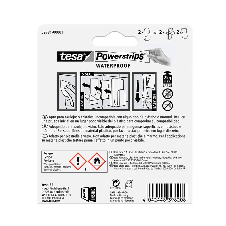 Pack 4 Perchas Gancho Grande Adhesivo  Blanco Tesa, 2kg-6