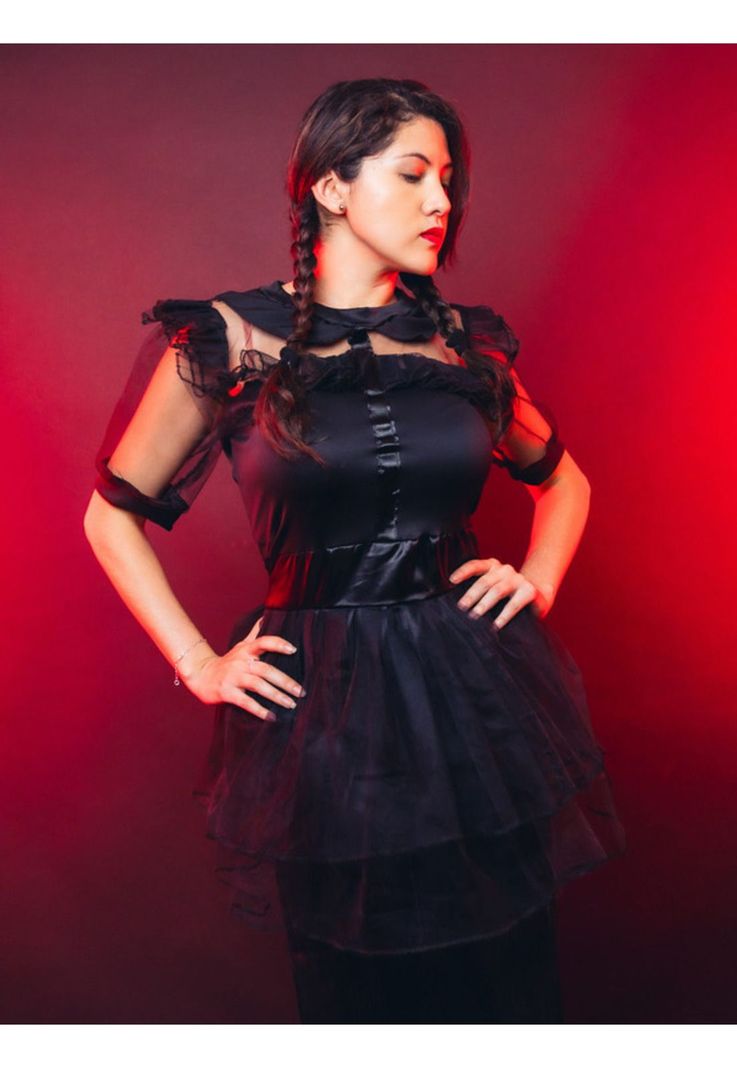 Vestido Merlina Adams Disfraz Fiesta De Noche Adulto Gótico-1
