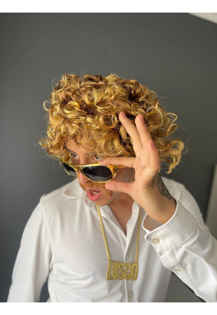 Set Disfraz Afro Retro Hombre Años 80 Onda Disco Pelo-5
