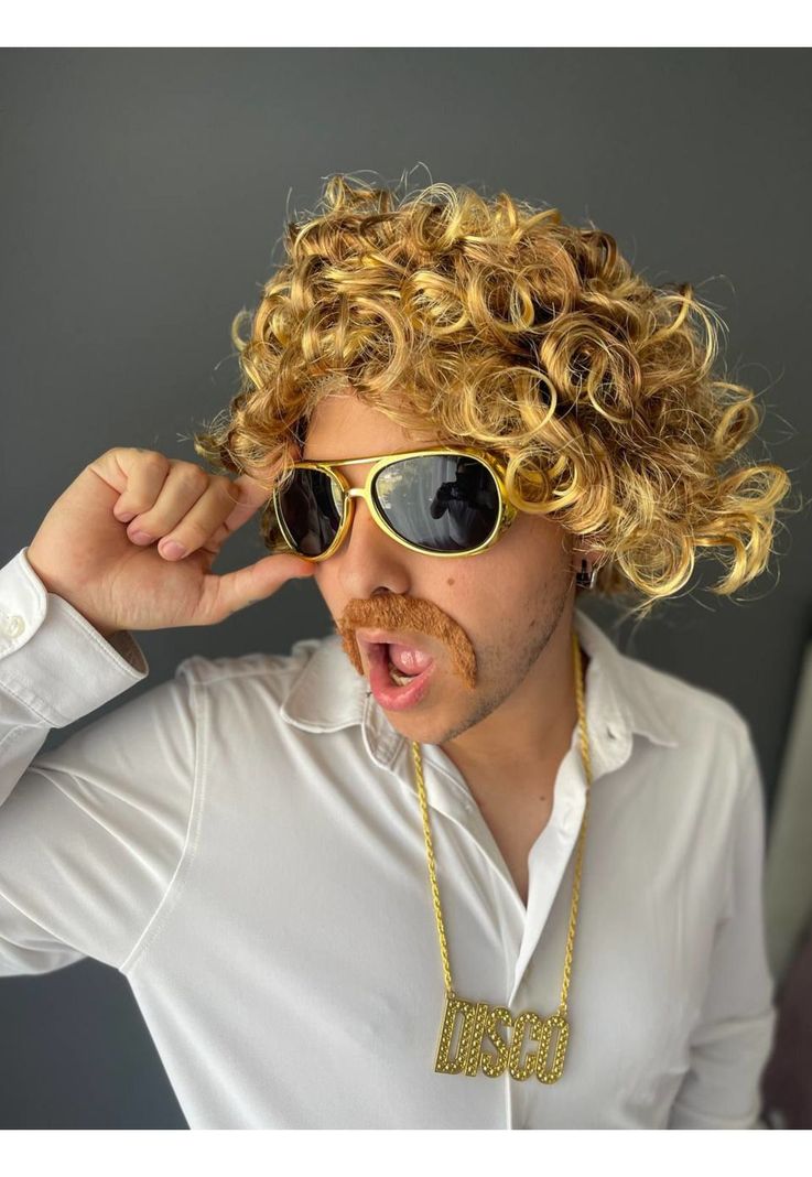 Set Disfraz Afro Retro Hombre Años 80 Onda Disco Pelo-6