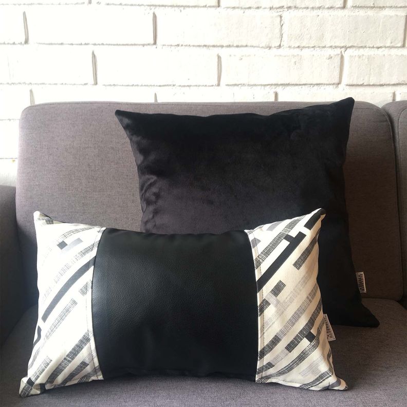 COJIN DECORATIVO ECOCUERO GRIS Y NEGRO 50X30 RELLENO-2