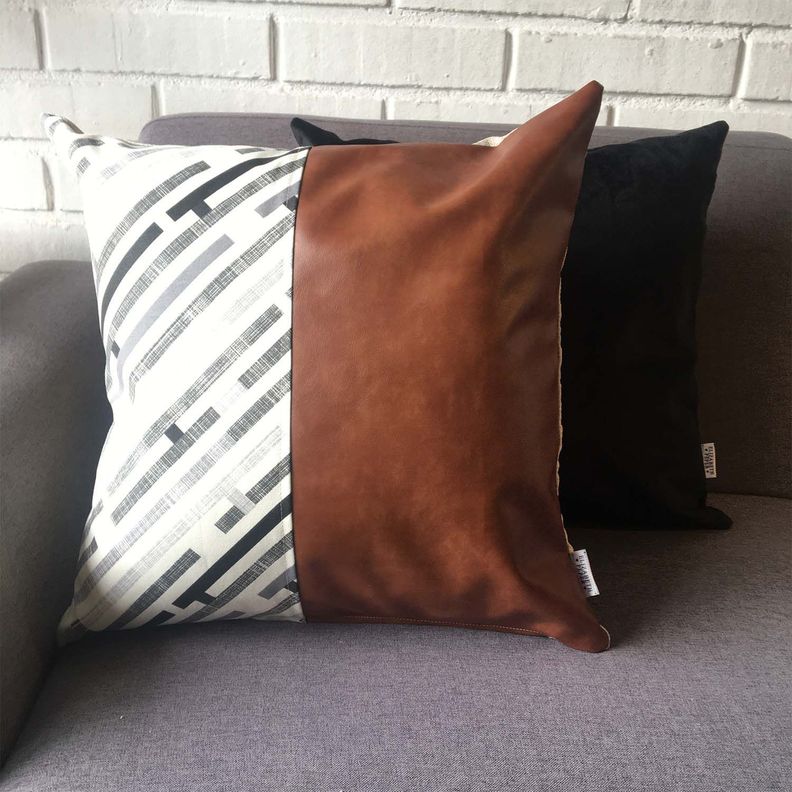 PACK 4 FUNDAS COJIN DECORATIVO ECOCUERO NEGRO CAFE 45X45-5
