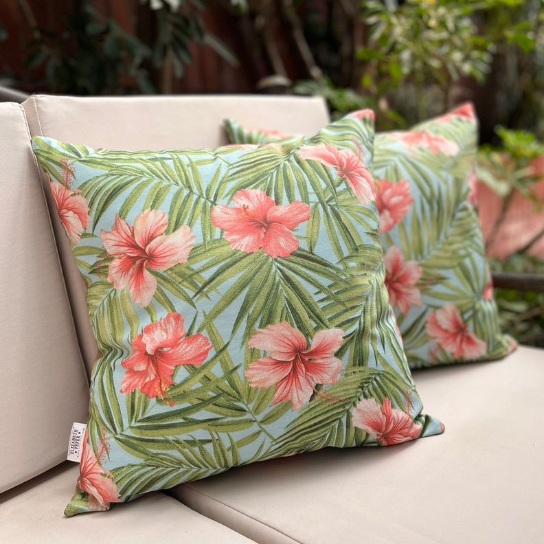 Funda Cojín Decorativo Diseño Hibisco Rosa Verde 45x45-3