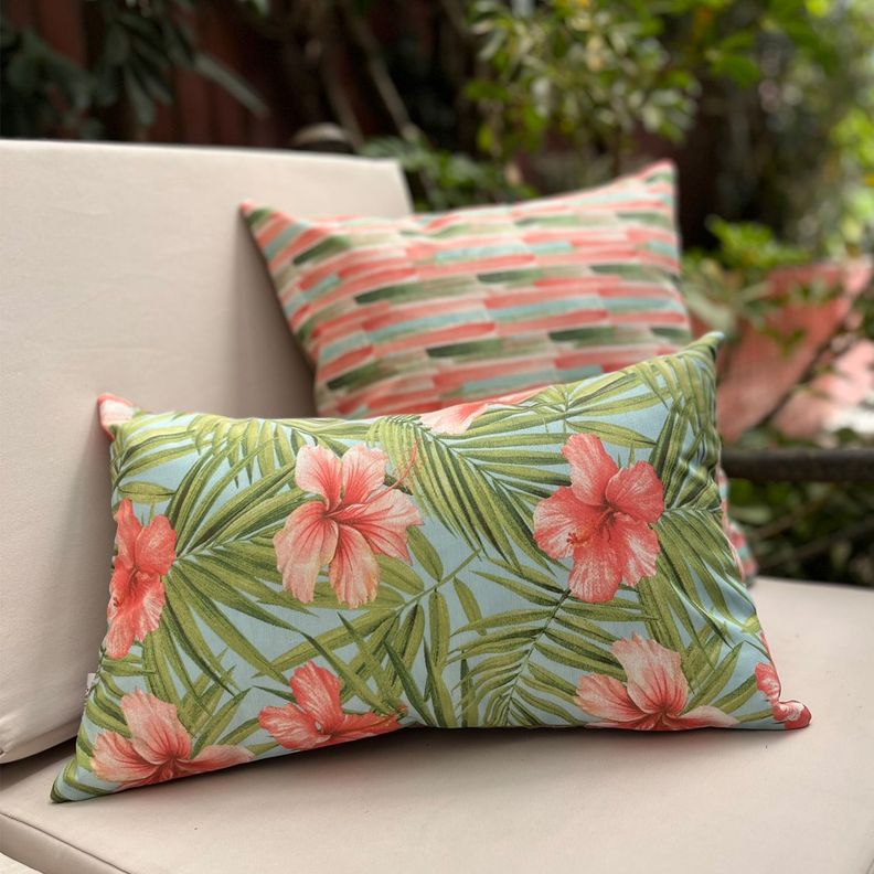 Funda Cojín Decorativo Diseño Hibisco Rosa Verde 50x30-2