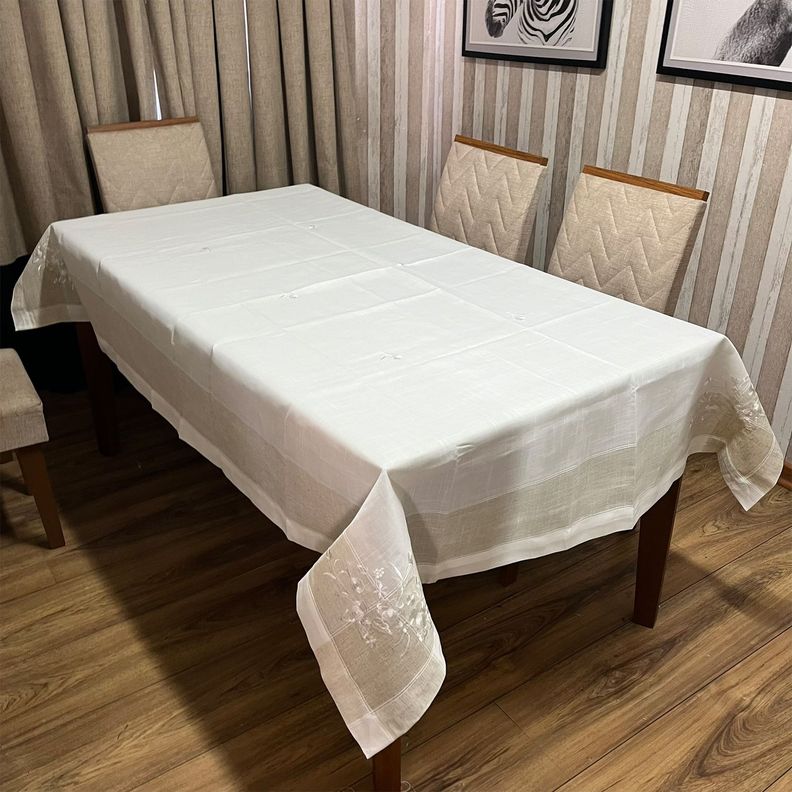 Mantel para Mesa de Tela Lino Beige Blanco 150x220-1