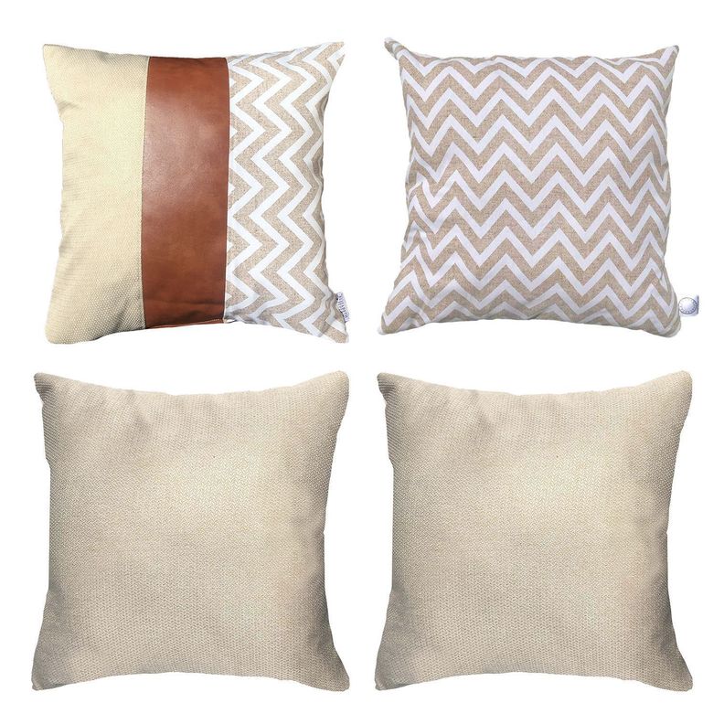 PACK 4 FUNDAS COJIN DECORATIVO ECOCUERO ZIGZAG CREMA 50X50 Beige