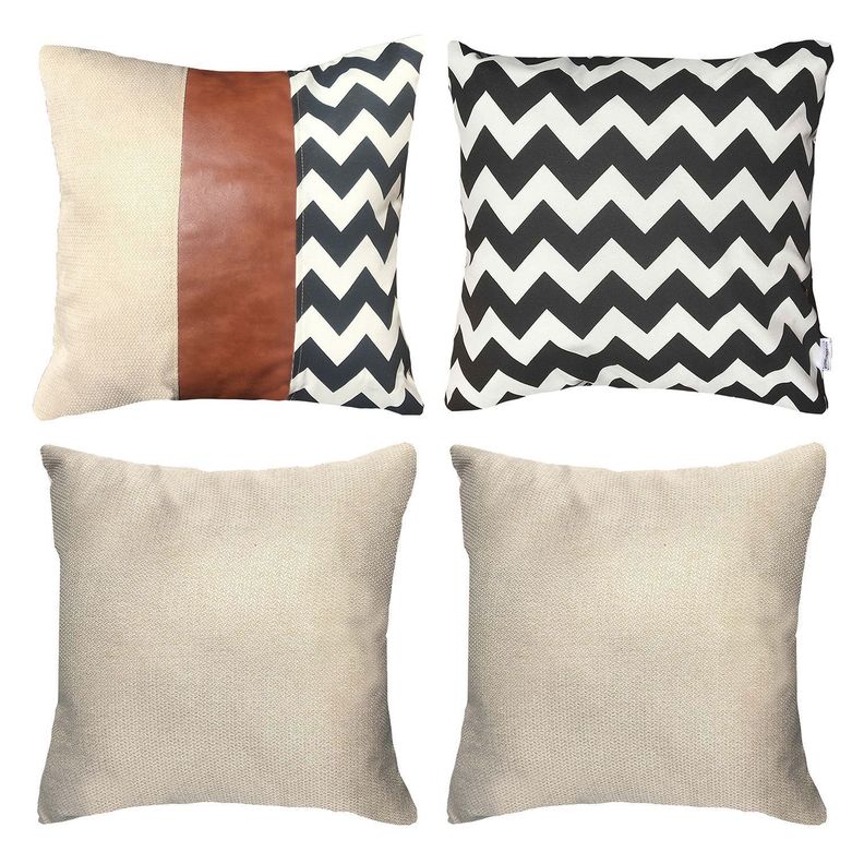 PACK 4 FUNDAS COJIN DECORATIVO ECOCUERO ZIGZAG NEGRO 50X50 Beige