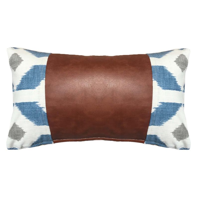 COJIN DECORATIVO ECOCUERO AZUL Y BEIGE 50X30 RELLENO-0