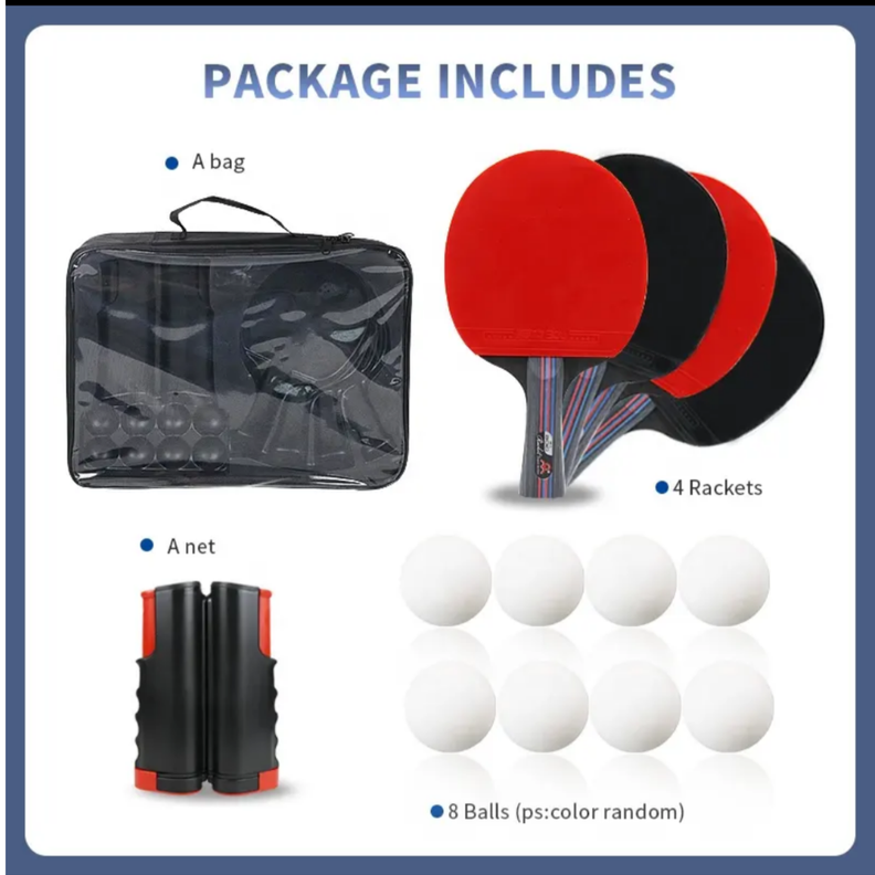 Kit de 4 Paletas de Ping Pong + Malla + 8 Pelotas + estuche -4