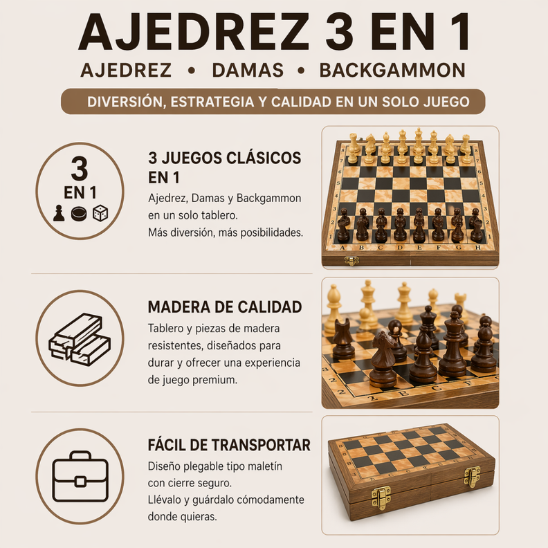 ♟️ Juego De Mesa 3 En 1 – Backgammon, Ajedrez Y Damas – Madera 48x48 Cm