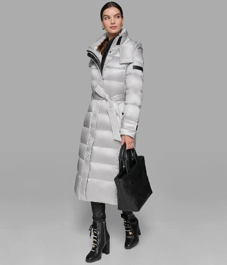 Chaqueta Karl Lagerfeld Chevron Quilted Midi Puffer Gris-0