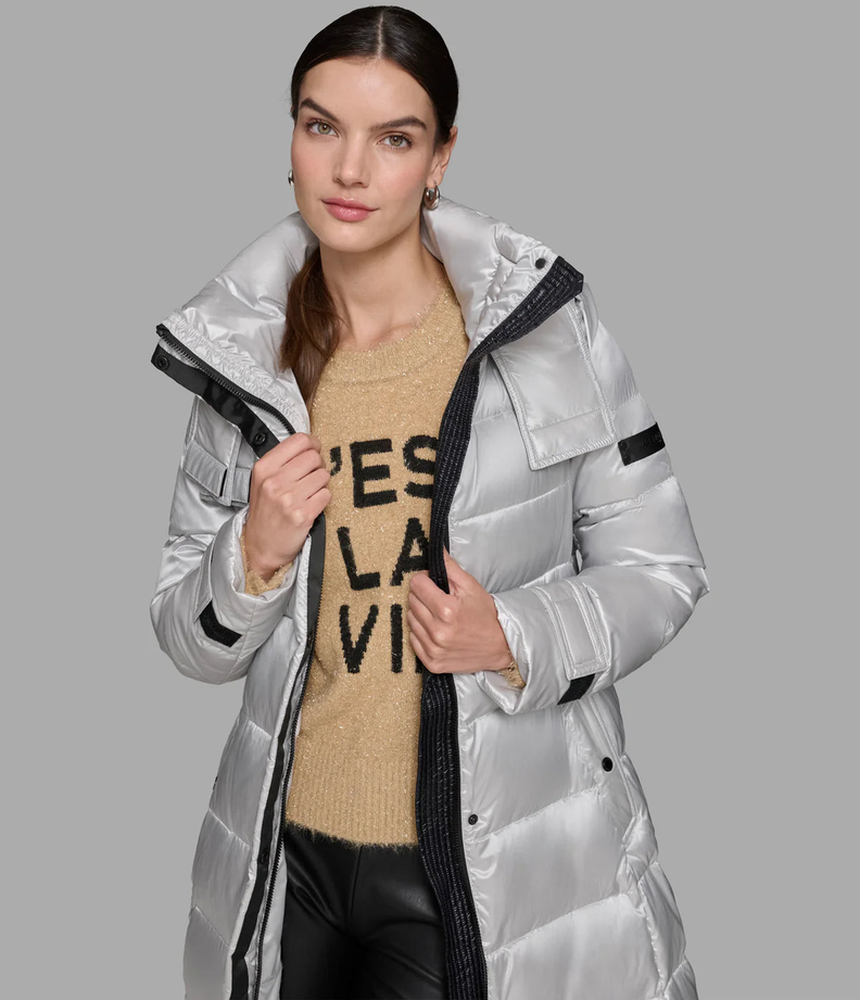 Chaqueta Karl Lagerfeld Chevron Quilted Midi Puffer Gris-1