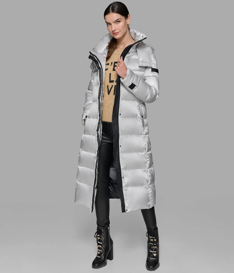Chaqueta Karl Lagerfeld Chevron Quilted Midi Puffer Gris-2