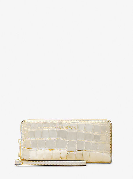 Billetera Michael Kors Jet Set Travel Metallic Crocodile Embossed Leather Continental Pale Gold-0