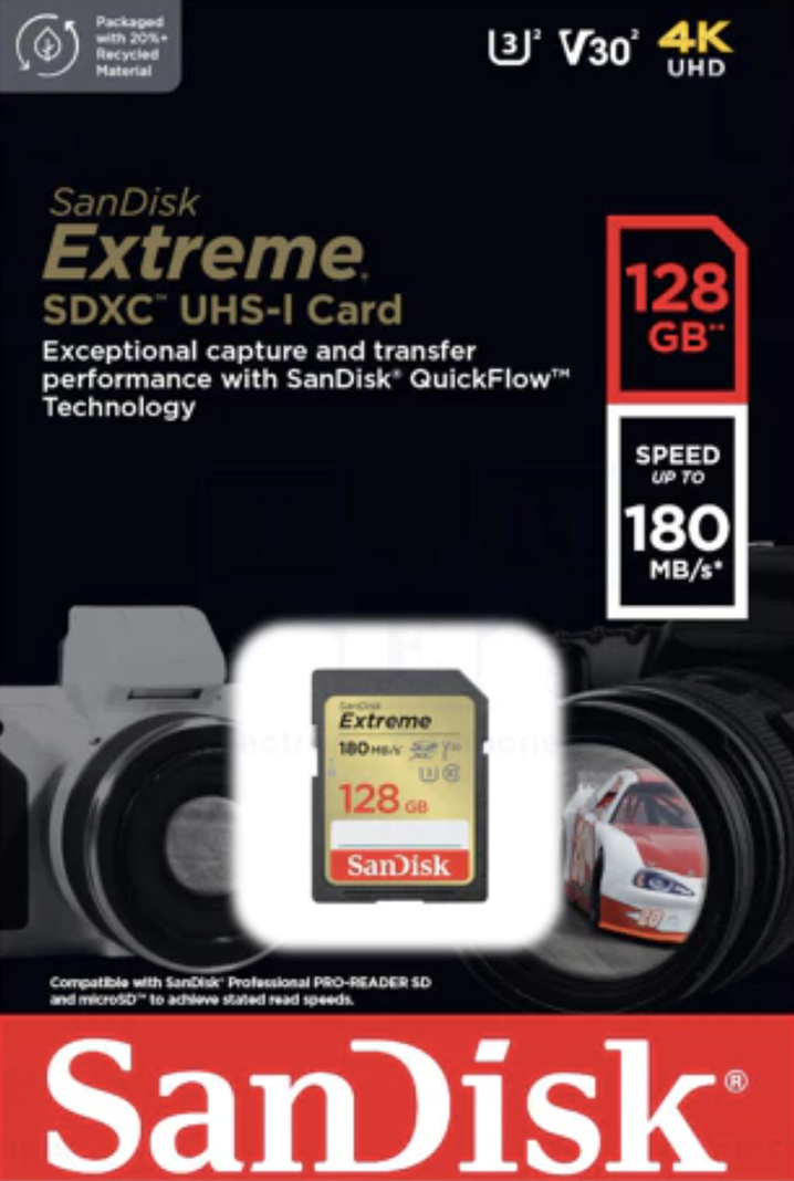 Tarjeta De Memoria Sd Uhs-i Sandisk Extreme 128GB 180 MB/S 4K V30-0