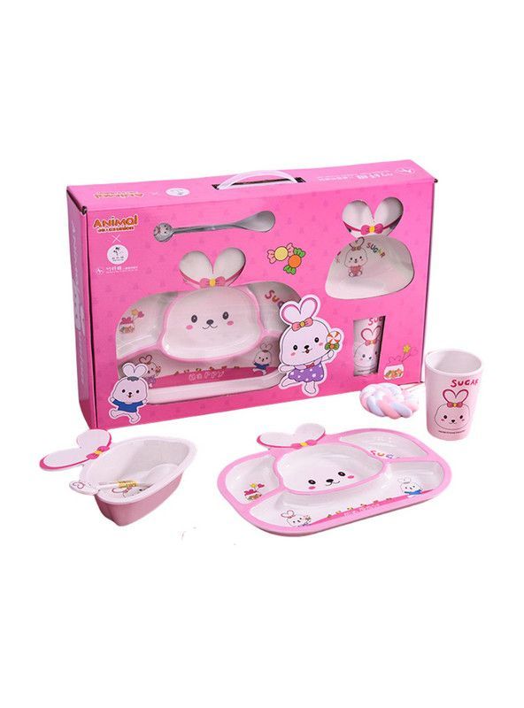 Set de Platos para Comer de Bambu para Bebe, Diseno Conejito Rosado