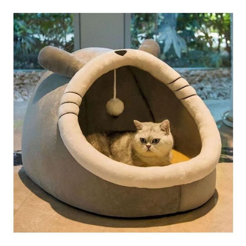 Casa Cama Suave para Gatos con Juguete Colgante Gris-1