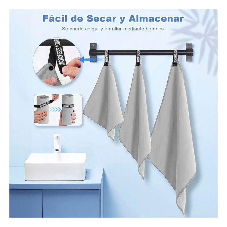 Toalla Microfibra de Deporte, Baño, Viaje, 3 Pcs Gris-4