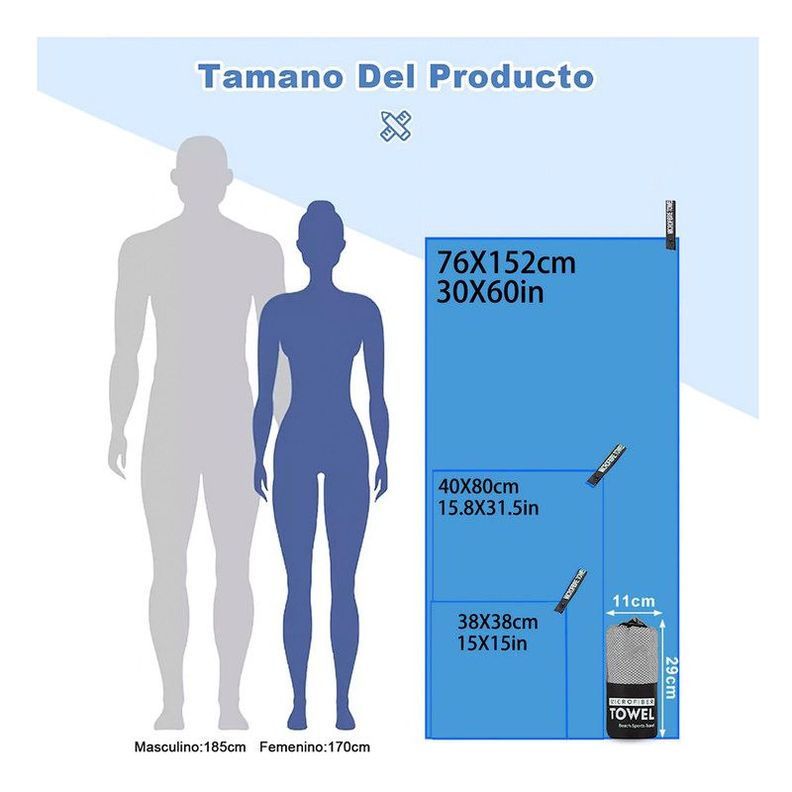 Toalla Microfibra de Deporte, Baño, Viaje, 3 Pcs Celeste-3