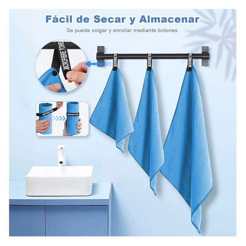 Toalla Microfibra de Deporte, Baño, Viaje, 3 Pcs Celeste-4