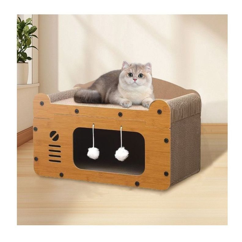 Casa Rascadora de 2 Pisos para Gatos Madera Cartón-1