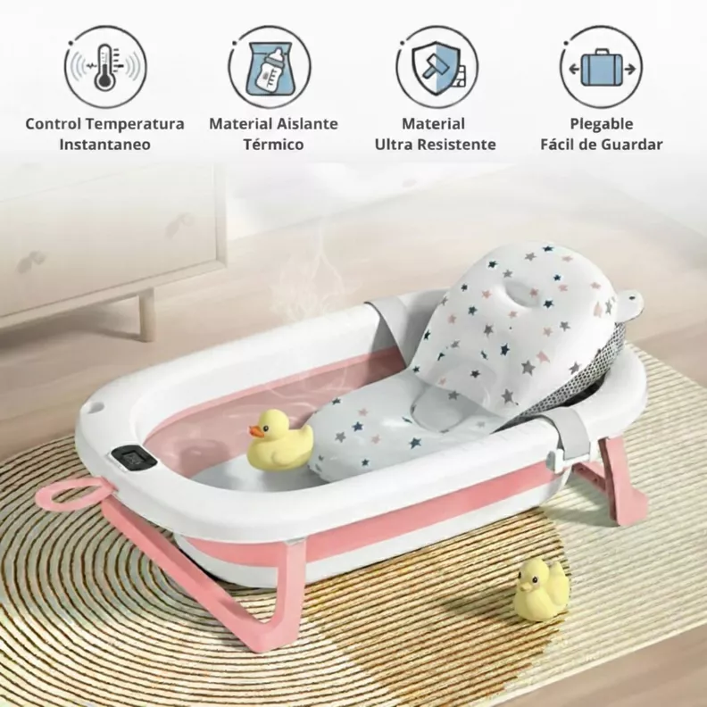 Tina Banera Plegable Bebe con Termometro Rosado y Cojin Estrella