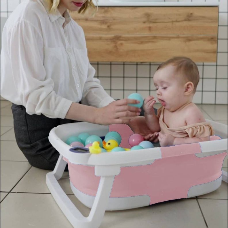 Tina Bañera Plegable para Bebé con Cojín y Termómetro Rosa-4