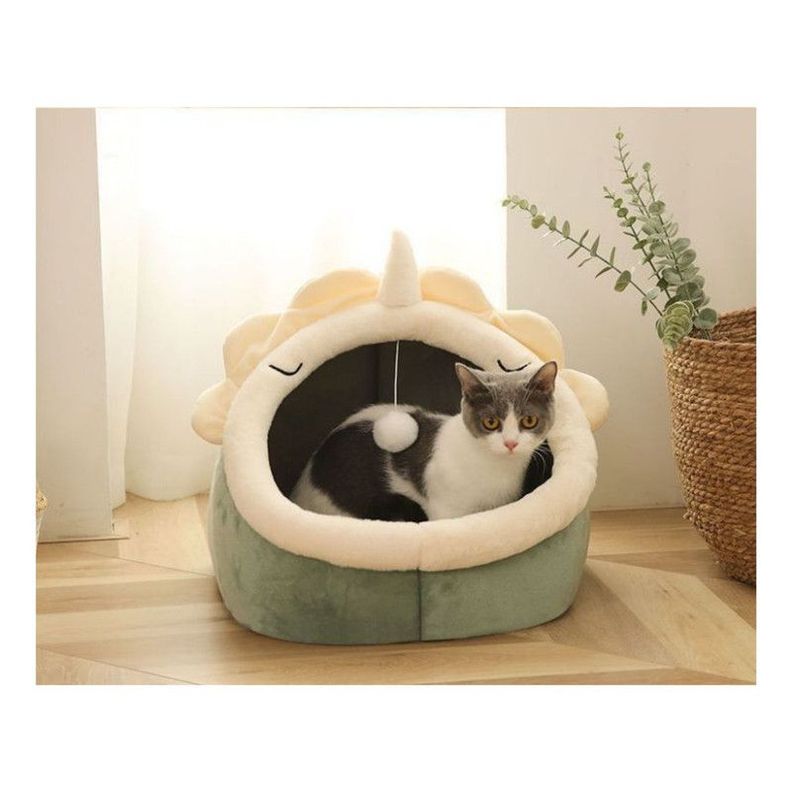 Casa Cama Suave para Gatos con Juguete Colgante Verde-1