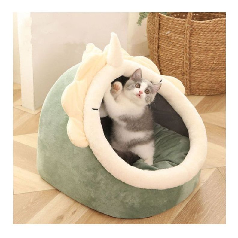 Casa Cama Suave para Gatos con Juguete Colgante Verde-2
