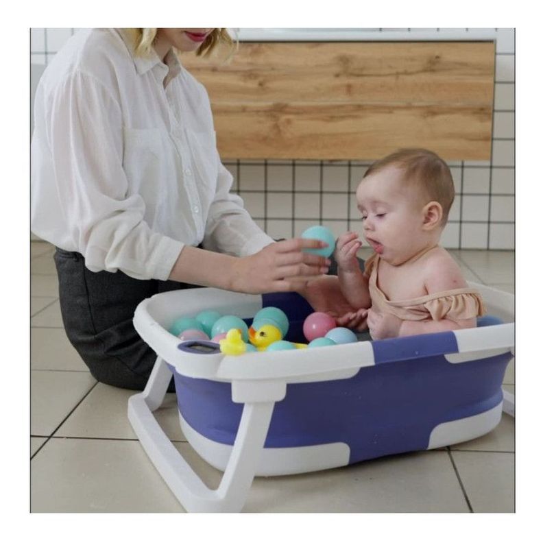 Tina Bañera Plegable para Bebé con Cojín y Termómetro Azul-2