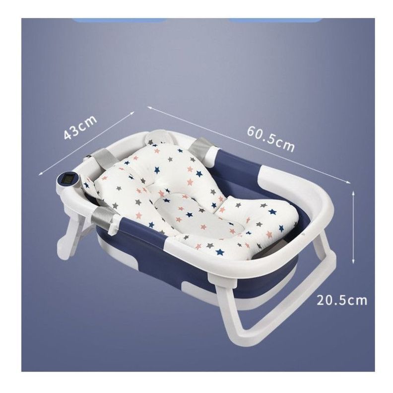 Tina Bañera Plegable para Bebé con Cojín y Termómetro Azul-5