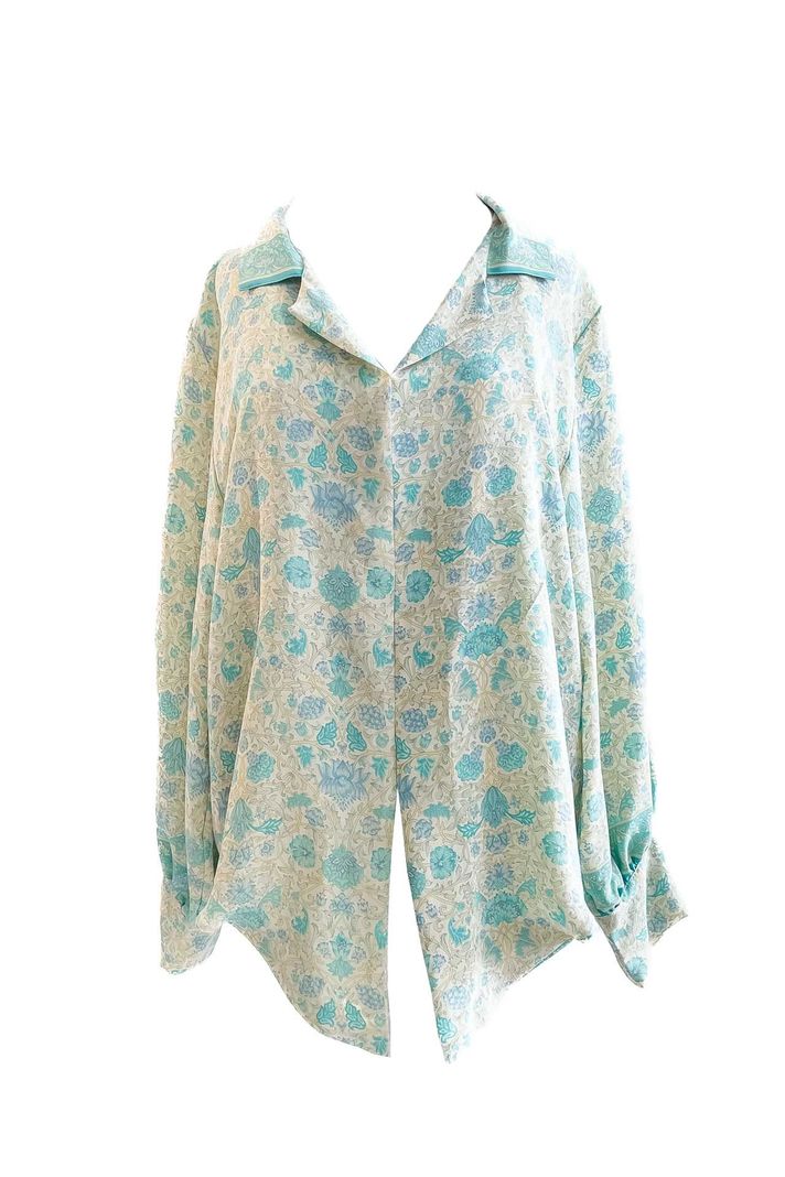 Blusón Camisero Seda Celeste-0