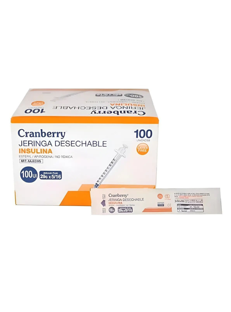 Jeringa Desechable Insulina Cranberry 29g X5/16 Caja X100 Capacidad En Volumen 1 Ml