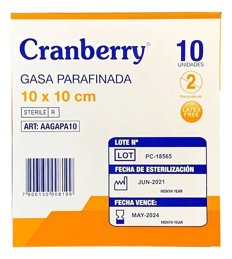 Gasa Parafinada Cranberry 10x10 Cm - Caja 10 Unid.