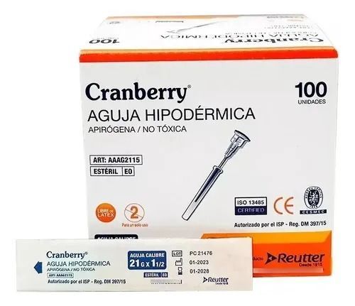 Aguja Hipodermica 21g X 1 1/2 - Caja 100 Unidades Cranberry